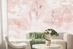 Fototapeta: Akwarelowe flamingi na tle pastelowych chmur