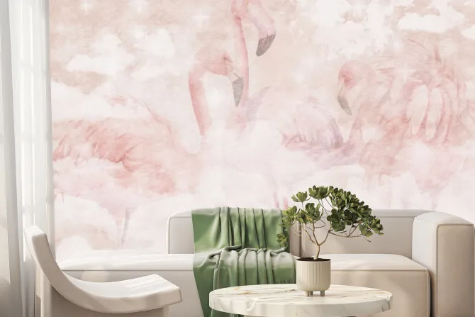 Fototapeta: Akwarelowe flamingi na tle pastelowych chmur