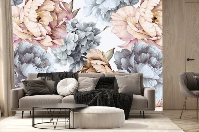 Fototapeta: Akwarelowe kwiaty piwonie i hortensje