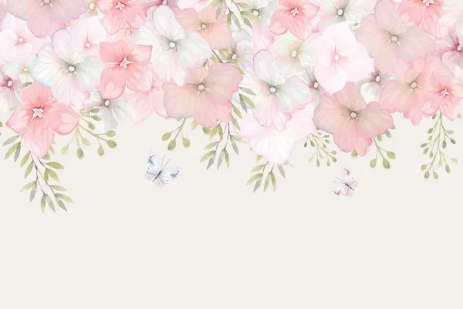 Fototapeta: Akwarelowe kwiaty i motyle w pastelowej kompozycji