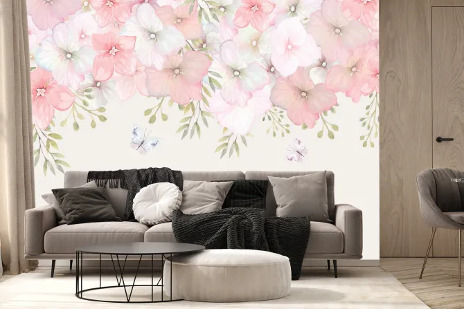 Fototapeta: Akwarelowe kwiaty i motyle w pastelowej kompozycji