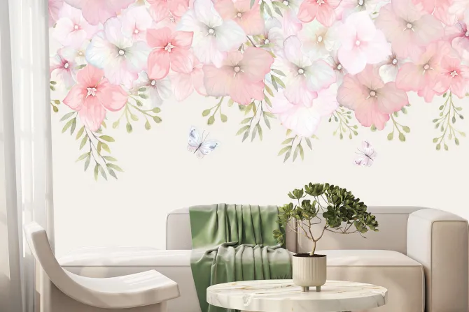 Fototapeta: Akwarelowe kwiaty i motyle w pastelowej kompozycji