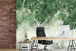 Fototapeta: Akwarelowe liście monstery na starej betonowej ścianie grunge