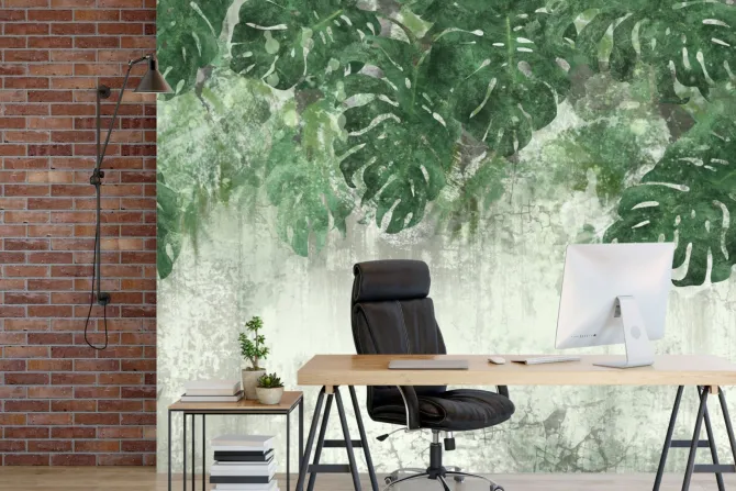 Fototapeta: Akwarelowe liście monstery na starej betonowej ścianie grunge