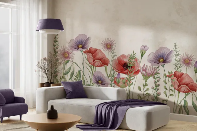 Fototapeta: Akwarelowe maki i polne kwiaty w odcieniach fioletu i różu
