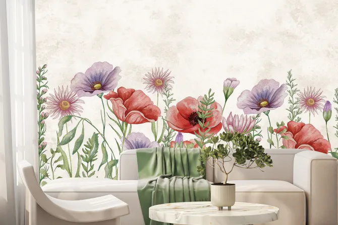 Fototapeta: Akwarelowe maki i polne kwiaty w odcieniach fioletu i różu