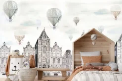 Fototapeta: Akwarelowe miasteczko pejzaż z balonami na niebie