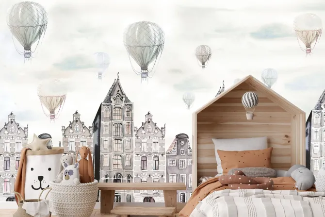 Fototapeta: Akwarelowe miasteczko pejzaż z balonami na niebie