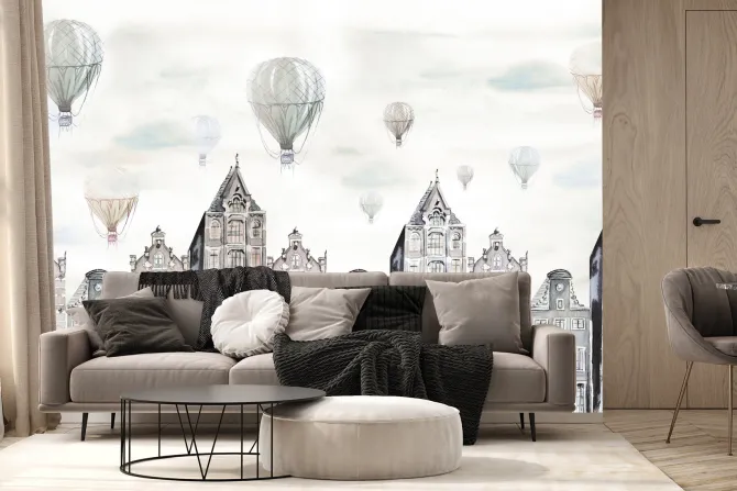 Fototapeta: Akwarelowe miasteczko pejzaż z balonami na niebie