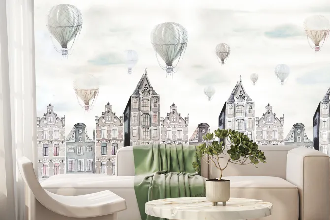 Fototapeta: Akwarelowe miasteczko pejzaż z balonami na niebie