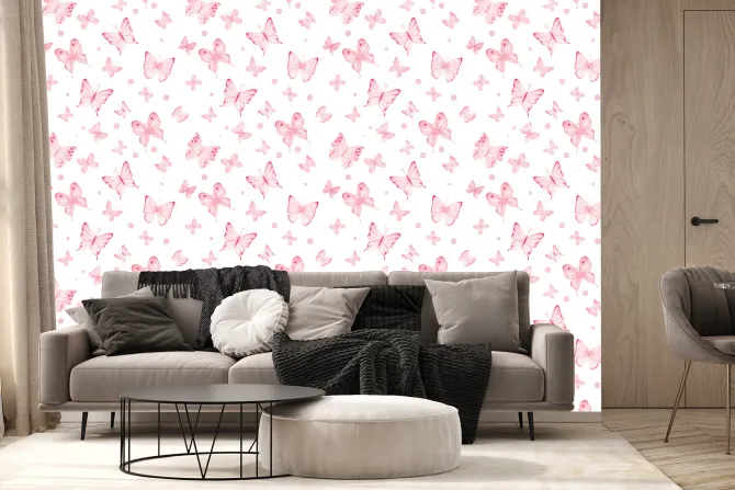 Fototapeta: Akwarelowe motyle i kropki na białym tle delikatny dziecięcy