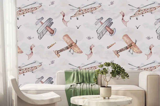 Fototapeta: Akwarelowe niebo z lecącymi samolotami