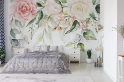 Fototapeta: Akwarelowe róże wśród tropikalnych liści