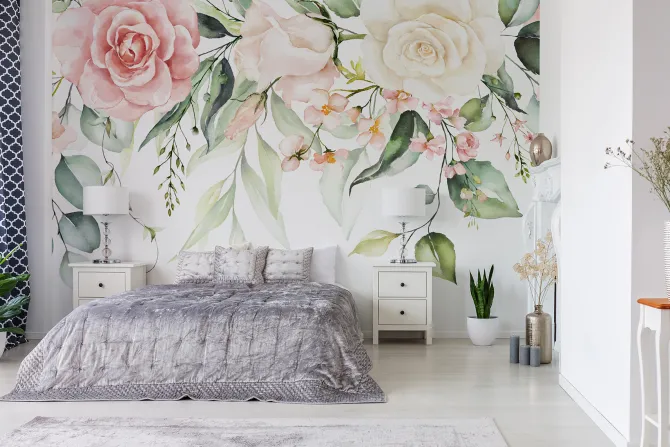 Fototapeta: Akwarelowe róże wśród tropikalnych liści