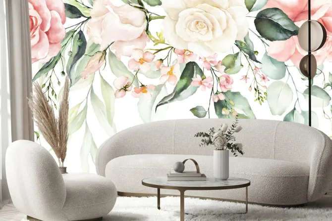 Fototapeta: Akwarelowe róże wśród tropikalnych liści