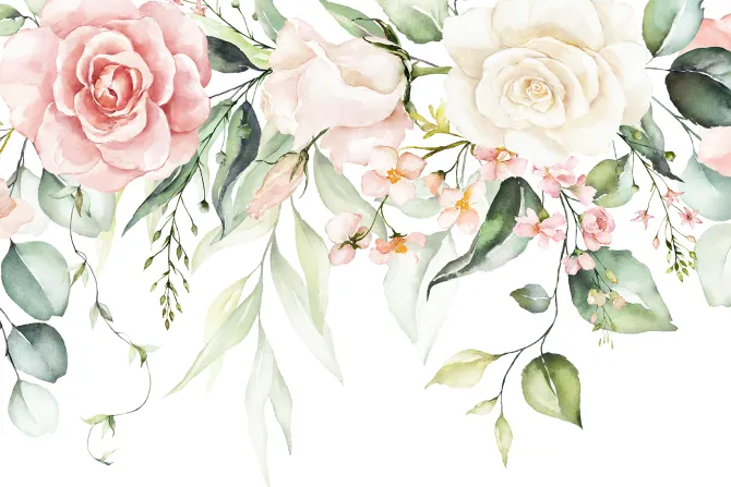 Fototapeta: Akwarelowe róże wśród tropikalnych liści