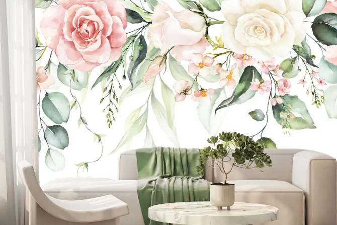 Fototapeta: Akwarelowe róże wśród tropikalnych liści