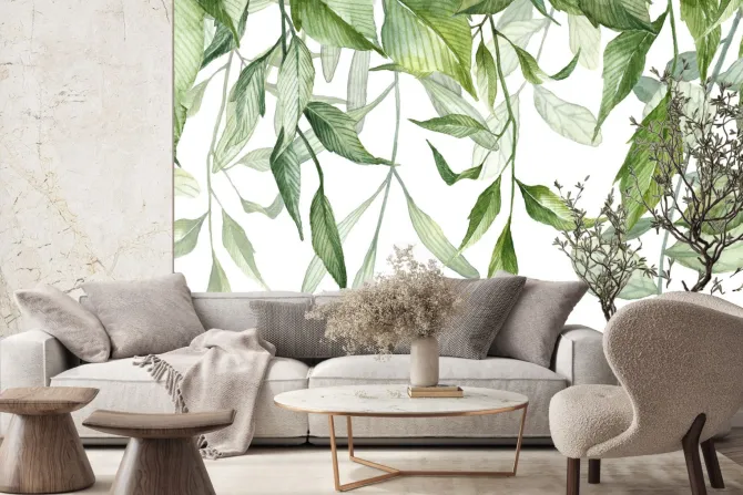 Fototapeta: Akwarelowe zielone liście na białym tle