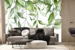 Fototapeta: Akwarelowe zielone liście na białym tle