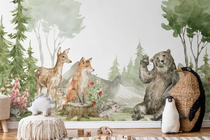 Fototapeta: Akwarelowy krajobraz leśnych zwierząt wśród przyrody