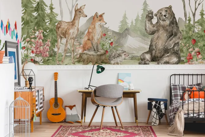 Fototapeta: Akwarelowy krajobraz leśnych zwierząt wśród przyrody