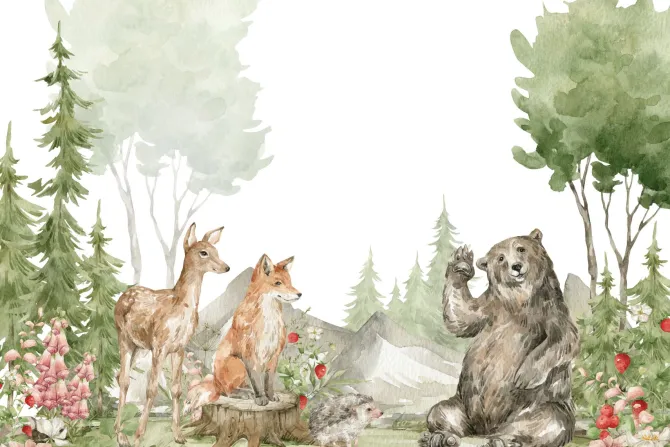 Fototapeta: Akwarelowy krajobraz leśnych zwierząt wśród przyrody
