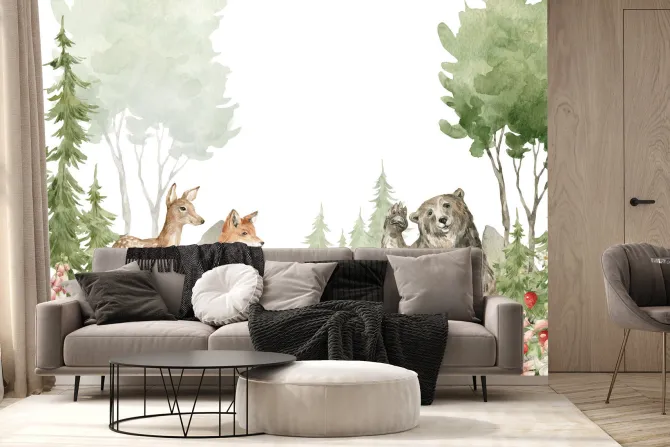 Fototapeta: Akwarelowy krajobraz leśnych zwierząt wśród przyrody