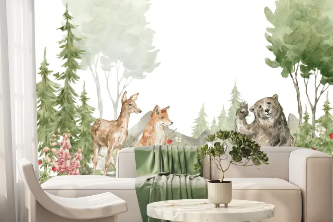 Fototapeta: Akwarelowy krajobraz leśnych zwierząt wśród przyrody