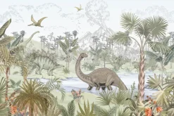 Fototapeta: Akwarelowy krajobraz z dinozaurami w tropikalnej dżungli