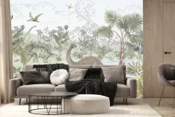 Fototapeta: Akwarelowy krajobraz z dinozaurami w tropikalnej dżungli