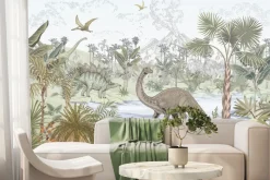 Fototapeta: Akwarelowy krajobraz z dinozaurami w tropikalnej dżungli