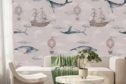 Fototapeta: Akwarelowy motyw z wielorybami statkami i balonami na tle nieba