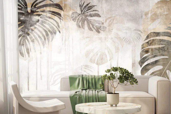 Fototapeta: Akwarelowy mural liści monstery