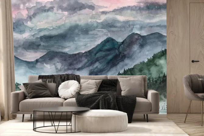 Fototapeta: Akwarelowy pejzaż gór norwegii z poranną mgłą