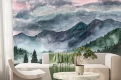 Fototapeta: Akwarelowy pejzaż gór norwegii z poranną mgłą