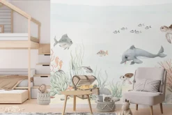 Fototapeta: Akwarelowy podwodny świat z rybami i skarbem piratów