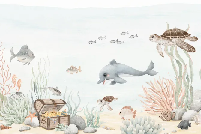 Fototapeta: Akwarelowy podwodny świat z rybami i skarbem piratów