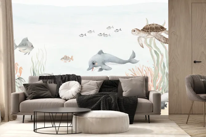 Fototapeta: Akwarelowy podwodny świat z rybami i skarbem piratów