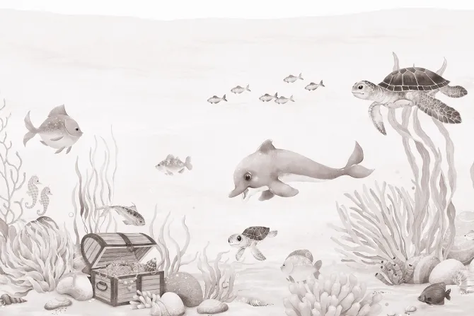 Fototapeta: Akwarelowy podwodny świat z rybami i skarbem piratów