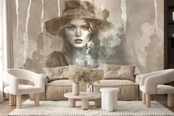 Fototapeta: Akwarelowy portret kobiety w kapeluszu z drzewami w tle