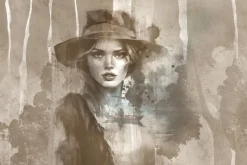 Fototapeta: Akwarelowy portret kobiety w kapeluszu z drzewami w tle