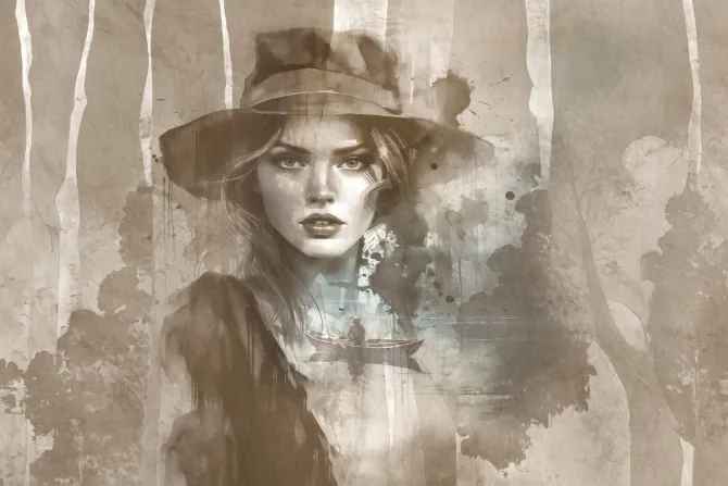 Fototapeta: Akwarelowy portret kobiety w kapeluszu z drzewami w tle