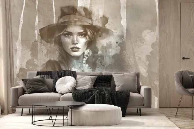 Fototapeta: Akwarelowy portret kobiety w kapeluszu z drzewami w tle