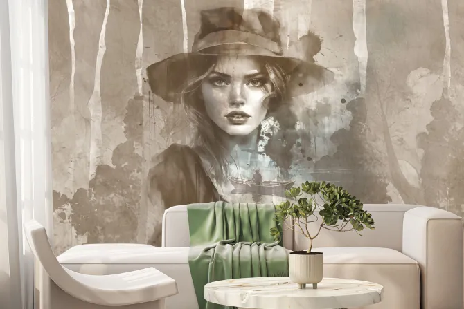 Fototapeta: Akwarelowy portret kobiety w kapeluszu z drzewami w tle