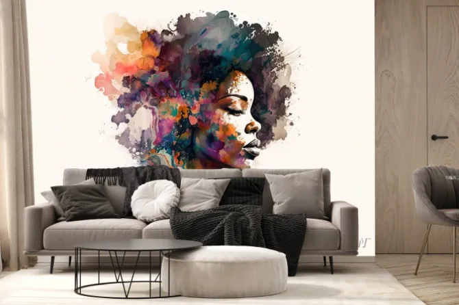 Fototapeta: Akwarelowy portret czarnoskórej kobiety z profilu