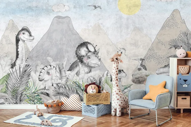 Fototapeta: Akwarelowy świat dinozaurów z wulkanami