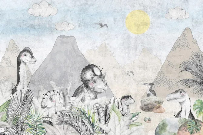 Fototapeta: Akwarelowy świat dinozaurów z wulkanami