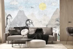 Fototapeta: Akwarelowy świat dinozaurów z wulkanami