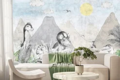 Fototapeta: Akwarelowy świat dinozaurów z wulkanami