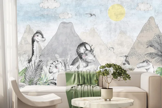 Fototapeta: Akwarelowy świat dinozaurów z wulkanami